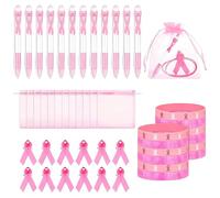 Eowppue Breast Cancer Awareness Gift Set - 12 Pink Ribbon Pins, 12 Pens, 12 Silicone Wristbands & 12 Organza Bags, Ideal for October Events & Supportive Gifting