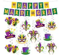 Eowppue Mardi Gras Hanging Swirl Decorations - 13 Pieces Mardi Gras Crown Masks Ceiling Hanging for Masquerade Party Decorations Gold Green Purple Foil Swirls Celebration Mardi Gras Party Supplies