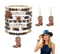 Eowppue Western Cowgirl Beaded Bracelet and Earring Set, 7 Stretch Bracelets with Cowboy Charms and Boot Earrings for Women