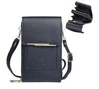 Eowppue Women's Black Leather Crossbody Phone Bag - 4 Compartment Cell Phone Shoulder Bags with Touch Screen Function, Adjustable Strap - 11 x 19 x 4 cm