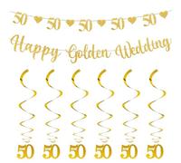 EOWVISN 1 Piece Golden Wedding Flag And 6 Pieces Number 50 Spiral Pendants, Letter Banner, Glitter Party Decorations, Party Scene Decoration Pendants