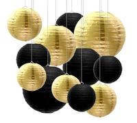 EOWVISN 12 Pieces Round Paper Lanterns, Handmade Folding Lanterns, Hanging Decorative Paper Lanterns, Black Gold Party Decorative Lanterns, Wedding Festive Decorations