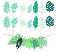 EOWVISN 14 Pieces Palm Leaf Cake Inserts, 1 Piece Palm Leaf Cake Surround, Birthday Cake Decorations, Tropical Party Decorations, Jungle Theme Cupcake Decorations