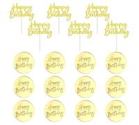 EOWVISN 18 Pieces Gold Metallic Birthday Cake Toppers, 12 Round Labels & 6 Inserts, Acrylic & Glitter Paper, Classic Occasion
