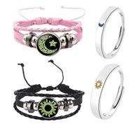 EOWVISN 2 Pieces Braided Leather Bracelets and 2 Pieces Luminous Rings, Adjustable Bracelets, Sun and Moon Themed Jewelry, Couple Jewelry.