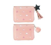 EOWVISN 2 Pieces Pink Women's Wallet, Love Embroidered, Tassel Ball Hanging Decoration, Cute Pu Leather Wallet