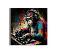 Eowzomk Funny Wall Art for Living Room, Monkey Wearing Headphones is Djing Oil Paintings, Music Artist Room Bedroom Office Bathroom Music Room Decor - Framed Ready to Hang 16"X16"