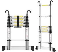 EOXCIIU Telescopic Ladder 2.6m, Aluminium Extendable Ladder with Hooks and stabiliser, Height Adjustment, Convenience for Home, Attic Access, etc.