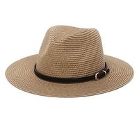 EOZY Straw Sun Hats for Women Men Panama Fedora Summer Hat with Leather Belt Wide Brim Beach Sun Jazz Cap Dark-Khaki