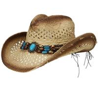 EOZY Women's Straw Cowboy Hat Bend Brim Fedora Hat Sun Beads Decorates Hollow Out Cowgirl Sun Hats for Beach Outdoor Brown