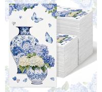 Epakh 100 Pcs Bulk Chinoiserie Hydrangea Guest Napkins 2 Ply Blue and White Porcelain Floral Butterfly Disposable Paper Napkins Dinner Easter Spring Guest Towels for Bathroom Party Wedding, 7.9 x 4.3"
