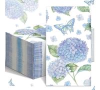 Epakh 100 Pcs Bulk Hydrangea Guest Napkins 2 Ply Watercolor Blue and White Floral Butterfly Disposable Paper Napkins Spring Decorative Botanical Dinner Guest Towels for Bathroom Party, 7.9 x 4.3"