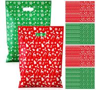 Epakh 100 Pcs Christmas Gift Bags with Handles Winter Xmas Plastic Reusable Snowflake Goodie Treat Bags Red Green Christmas Gift Wrapping Bag for Xmas Party Favors and Decor Supplies