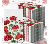 Epakh 200 Pcs Bulk Geranium Flower Guest Napkins 2 Ply Red Floral Disposable Paper Napkins Spring Summer Bee Botanical Dinner Towel Watercolor Decorative Hand Towels for Bathroom Party, 7.9 x 4.3"