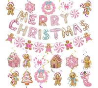 Epakh 51 Pcs Pink Christmas Gingerbread Man Decorations Christmas Gingerbread Banners with Candy House Hanging Swirls Pink Ceiling Streamers for Xmas Holiday Party Supplies