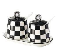 EPASHA Glass Jar,Checkerboard Grid Condiment Pots Container With Spoon & Lid, Simple Ceramic Spice Jar Set With Label And Tray, Porcelain Seasonings Organizer-Ⅲ-black and white (Color : Black/White)