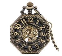 EPASHA Pocket Watch,Pocket Watch Bronze Octagonal Pocket Watch Mechanical Hand Wind Watches Hollow Black Dial Necklace Pendant Alloy Case Thick Chain for Men (Color : Metallic)