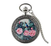 EPASHA Pocket Watch,Pocket Watch Silver Quartz Pocket Watch Vivid Bird On The Tree with Exquisite Flowers Patterns Necklace Pendant Gifts Chain Watch (Color : Multi-Colored)