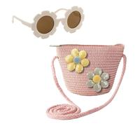 EPCDBBRT 1 Flower Straw Bag, 1 Children's Sunglasses, Girls' Crossbody Bag, Little Girl's Handbag, Woven Wrist Bag, Children's Straw Bag Pink