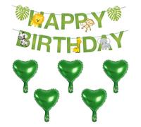 EPCDBBRT 1 Piece Happy Birthday Animal Banner, 5 Pieces Heart Shaped Balloons, Kids Birthday Decorations, Wild Animal Party Decorations, Jungle Theme Party Decorations