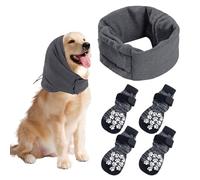 EPCDBBRT 1 Piece Of Dog Hood And 1 Set Of Dog Non-Slip Socks, Adjustable, Warm, Comfortable, Anti-Slip, Grey, L (Head Circumference 45-60Cm, 7.6*4.5Cm), Polyester, Cotton