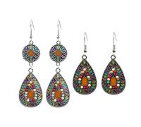 EPCDBBRT 2 Pairs Retro Colorful Multicolour Metal Earrings, Modern Bohemian Style, Dangle, Hollow, One Size, Stainless Steel, 60 grams, 15x20x1 cm