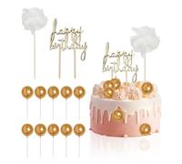 EPCDBBRT 2 Pieces Happy Birthday Cake Decorations, 10 Pieces Gold Ball Decorations, Wooden Birthday Inserts, Baking Cake Decorations, Birthday Party Decorations