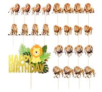 EPCDBBRT 24 Pieces Lion Cake Inserts, 1 Piece Happy Birthday Cake Inserts, Kids Birthday Cake Inserts, Cupcake Decorations, Jungle Party Decorations, Wild Animal Cake Decorations