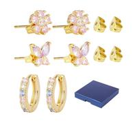 EPCDBBRT 3 Pairs of Zircon Earrings and 1 Jewelry Box, Flower Butterfly Earrings, Round Earrings, Stud Earrings for Women, Stackable Earrings, Elegant Earrings
