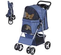 Epetlover 4 Wheels Dog Stroller Folding Pet Strolling Cart for Small Medium Cats Puppies Portable Jogger Travel Camping Puppy Carrier with Storage Basket Cup Holder, Navy Blue