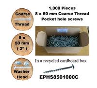 EPH Woodworking Pocket Hole Screws For Softwoods, 50mm Long, Pack Of 1,000, Coarse Self-Cutting Threaded Square Drive, Ephs8501000C