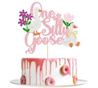 Ephlyn 1 Pack One Silly Goose Cake Topper 1st Birthday Cake Decorations Glitter Silly Goose Birthday Cake Pick for Boys Girls First Birthday Party Cake Decorations Supplies Pink