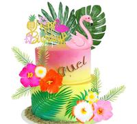 Ephlyn 14 Pack Hawaii Aloha Cake Decoration Flamingo Happy Birthday Cake Toppers Palm Leaves Hibiscus Cake Pick for Summer Hawaiian Theme Wedding Birthday Party Cake Decorations Supplies Pink Gold