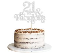 Ephlyn 1Pc 21 & Fabulous Cake Topper Glitter Twenty One and Fabulous Cake Toppers Happy 21st Birthday Cake Pick for 21st Wedding Anniversary Birthday Party Decorations Supplies Silver