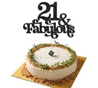 Ephlyn 1Pc 21 & Fabulous Cake Topper Glitter Twenty One and Fabulous Cake Toppers Happy 21st Birthday Cake Pick for 21st Wedding Anniversary Birthday Party Decorations Supplies Black