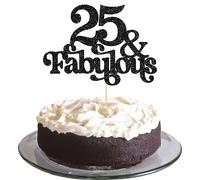 Ephlyn 1Pc 25 & Fabulous Cake Topper Glitter Twenty Five and Fabulous Cake Toppers Happy 25th Birthday Cake Pick for 25th Wedding Anniversary Birthday Party Decorations Supplies Black