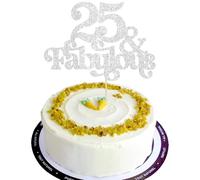 Ephlyn 1Pc 25 & Fabulous Cake Topper Glitter Twenty Five and Fabulous Cake Toppers Happy 25th Birthday Cake Pick for 25th Wedding Anniversary Birthday Party Decorations Supplies Silver