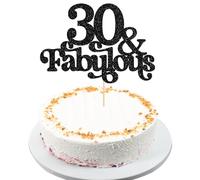 Ephlyn 1Pc 30 & Fabulous Cake Topper Glitter Thirty and Fabulous Cake Toppers Happy 30th Birthday Cake Pick for 30th Wedding Anniversary Birthday Party Decorations Supplies Black