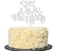 Ephlyn 1Pc 35 & Fabulous Cake Topper Glitter Thirty Five and Fabulous Cake Toppers Happy 35th Birthday Cake Pick for 35th Wedding Anniversary Birthday Party Decorations Supplies Silver