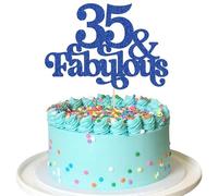 Ephlyn 1Pc 35 & Fabulous Cake Topper Glitter Thirty Five and Fabulous Cake Toppers Happy 35th Birthday Cake Pick for 35th Wedding Anniversary Birthday Party Decorations Supplies Blue
