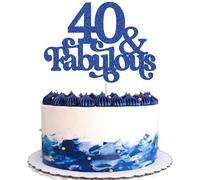 Ephlyn 1Pc 40 & Fabulous Cake Topper Glitter Forty and Fabulous Cake Toppers Happy 40th Birthday Cake Pick for 40th Wedding Anniversary Birthday Party Decorations Supplies Blue