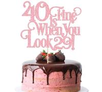 Ephlyn 1Pc 40 is Fine When You Look 29 Cake Topper Glitter Funny 40th Birthday 40 and Fabulous Cake Topper Decorations for Happy 40th Birthday Party Decoration Supplies Pink