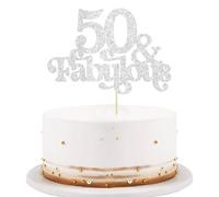 Ephlyn 1Pc 50 & Fabulous Cake Topper Glitter Fifty and Fabulous Cake Toppers Happy 50th Birthday Cake Pick for 50th Wedding Anniversary Birthday Party Decorations Supplies Silver
