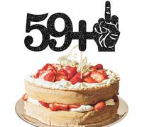 Ephlyn 1Pc 59+1 Middle Finger Black Glitter Cake Topper 60th Birthday Party Cake Decorations for Funny Sixty Years Old Birthday Party Supplies