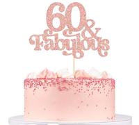 Ephlyn 1Pc 60 & Fabulous Cake Topper Glitter Sixty and Fabulous Cake Toppers Happy 60th Birthday Cake Pick for 60th Wedding Anniversary Birthday Party Decorations Supplies Rose Gold