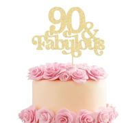 Ephlyn 1Pc 90 & Fabulous Cake Topper Glitter Ninety and Fabulous Cake Toppers Happy 90th Birthday Cake Pick for 90th Wedding Anniversary Birthday Party Decorations Supplies Gold