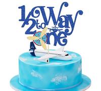 Ephlyn 1Pc Airplane 1/2 Half Way to One Cake Topper Glitter Half Way to Go Cake Pick Happy 6 Months Birthday Cake Decoration for Baby Happy 6 Months Birthday Party Decorations Supplies Blue