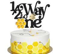 Ephlyn 1Pc Bee 1/2 Way to One Cake Topper Glitter Half Birthday Cake Decoration Half Way to Go Cake Topper for Boys Girls 6 Month Birthday Party Supplies Black