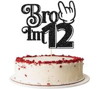 Ephlyn 1Pc Brother I'm 12 Cake Topper Glitter Star Happy 12th Birthday Cake Pick Bro I'm 12 Cake Decoration It's My 12th Birthday Decorations for Boys Cheers to 12 Years Old Party Supplies Black