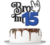 Ephlyn 1Pc Brother I'm 15 Cake Topper Glitter Star Happy 15th Birthday Cake Pick Bro I'm 15 Cake Decoration It's My 15th Birthday Decorations for Boys Cheers to 15 Years Old Party Supplies Blue